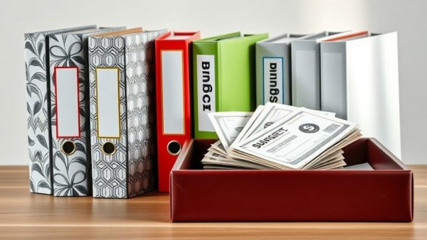 Colorful cash stuffing budget binders on a desk.