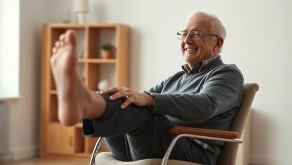Older man performing chair exercises for leg strength.