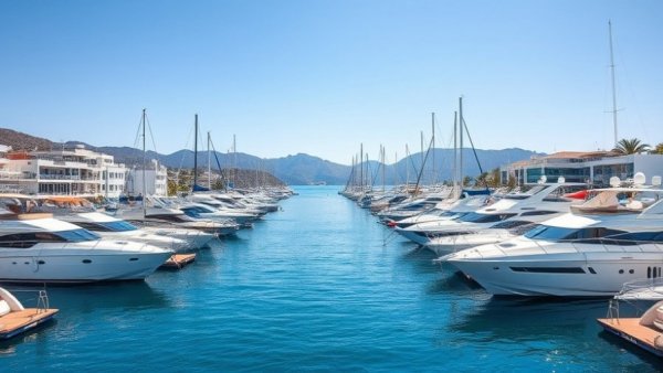 Marina with luxury yachts and white buildings showcasing 2026 global luxury property outlook.
