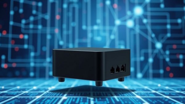 Sleek used mini PC ideal for self-hosting, set against a digital network background.