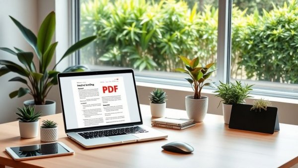 Modern office with PDF editing software on laptop, vibrant view.