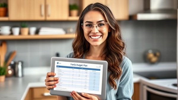 Zero-based household budget for families: woman showing budget spreadsheet.