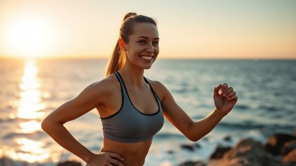 Woman exercising by ocean sunrise to fix arm jiggle after 50.