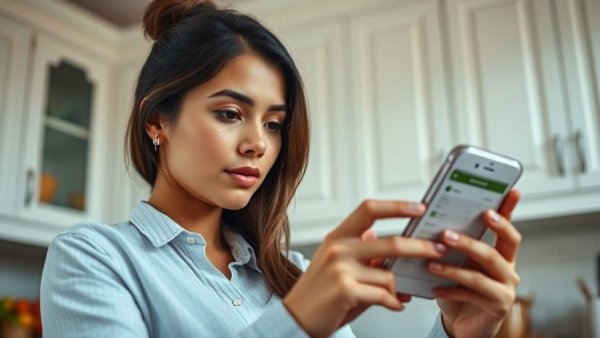 Young woman using budgeting app, zero-based budgeting for families.