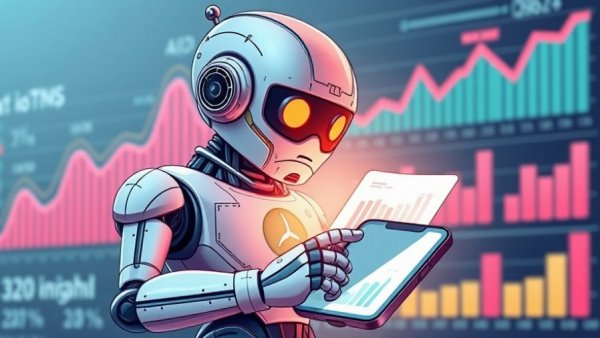 Retro cartoon AI robot analyzing digital surveys, vibrant graphics.