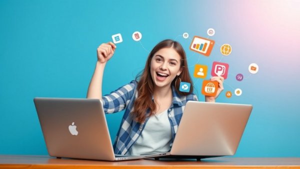 Young woman using open source Trello alternatives on laptop, vibrant setting.