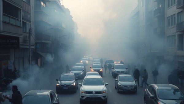 Street scene during Iran crisis and economic protests, smoke and chaos.