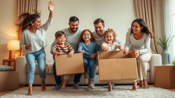 Family enjoying time with moving boxes, representing home moving stats 2025.