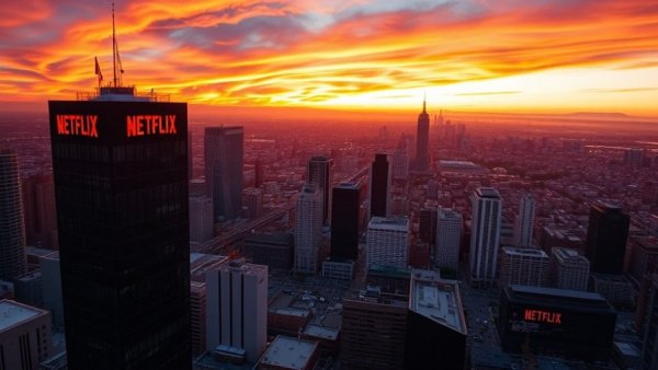 Netflix building glowing in sunset, cityscape panoramic view.