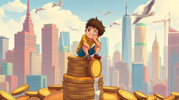 Young boy on coin stack contemplating in a cartoon cityscape, I'm Just A Kid Trend Financial Reflection.