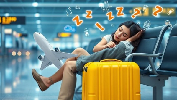 Woman combating jet lag at airport using digital apps on phone