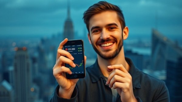 Using Trading 212 in 2026: Man with smartphone illustrating market growth.