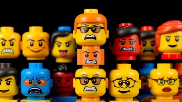 Stacked LEGO heads exploring future head-transplant themes.