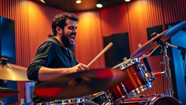 Bearded drummer playing in studio, Will Douglas Heaven's current interests.