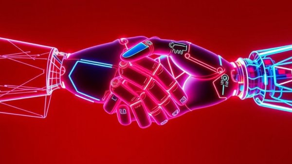 AI trust benchmark 2026: Human and robotic hands in neon handshake.