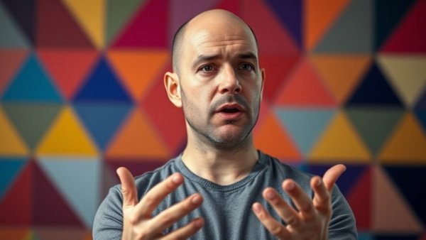 AI slop discussion by bald male in front of colorful grid background.