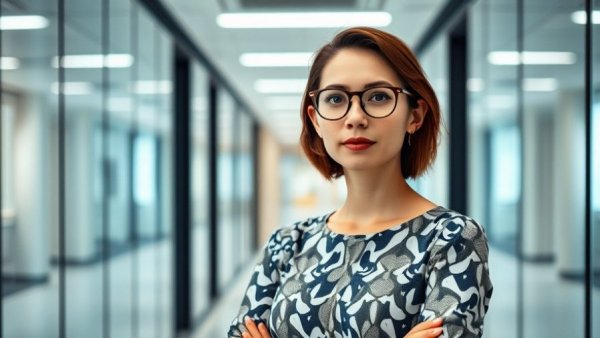 Confident woman offering advice on taking a break from debt in an office setting.