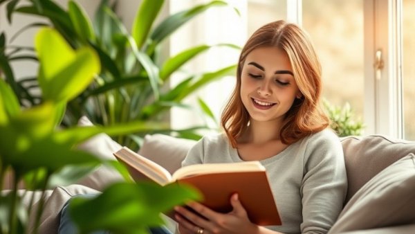 Young woman reading in a cozy, plant-filled room, Sustainable Business Resolutions 2026.