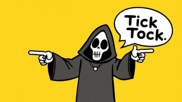 Cartoon grim reaper clock illustration, yellow background.
