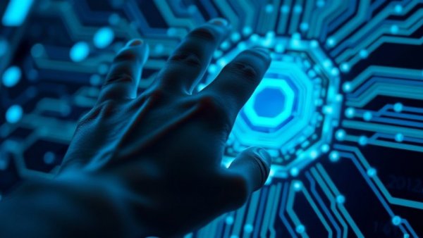 Hand reaching towards digital circuit, AI impact on business authority.