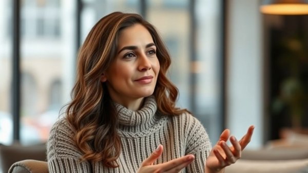 Woman discussing Income Report 2025 in cozy setting.