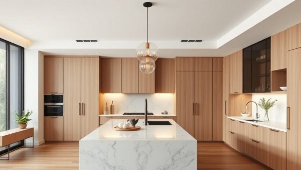 Modern kitchen with marble island in English Tudor Home Design.
