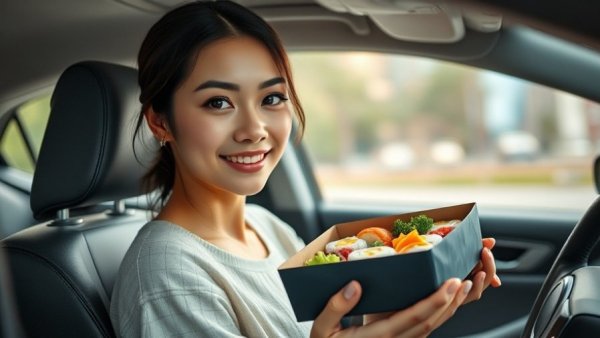 Young woman reviews Too Good To Go bag from Yo Sushi in car.