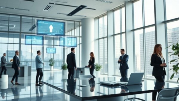 AI technology in a small business office, professionals using digital holograms.