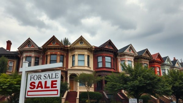 For-sale sign in front of colorful row of townhouses, housing market is starting to balance out.