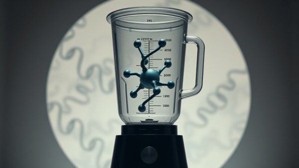 A conceptual image showing gene editing represented by a molecule in a blender, linking to gene editing therapies for PKU.