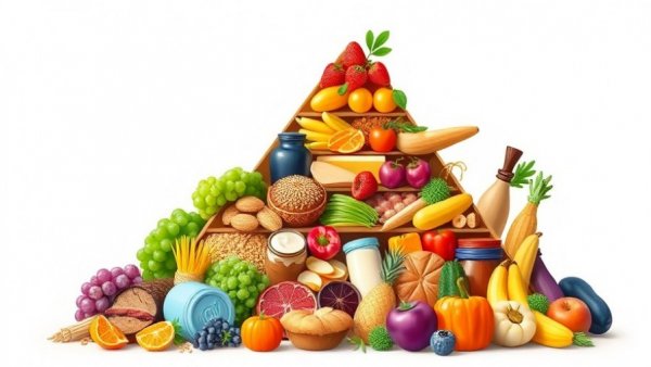 Illustration of America's new dietary guidelines in a food pyramid format.