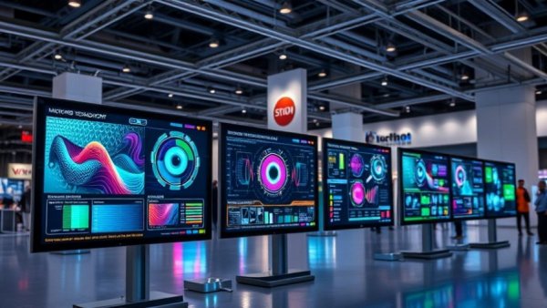Futuristic display panels showcasing vibrant visuals at tech exhibition, future of consumer technology.