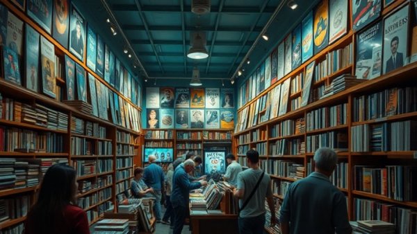 Lively independent bookstore atmosphere, browsing customers, bookshelves, teal lighting.