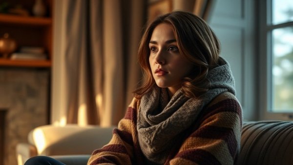 Young woman contemplating heating dilemma indoors.