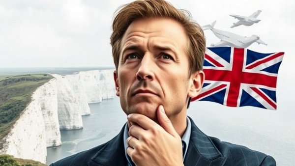 Man contemplating leaving the UK, symbolic montage.