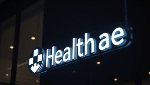 Company logo glowing at night with blurred office background.