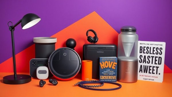 Collection of modern gadgets for New Year's resolutions, featuring a lamp, vacuum, and more on colorful background.