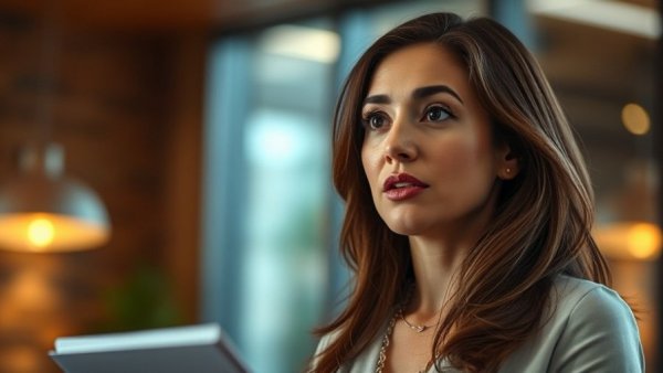 Focused woman speaking in a warm indoor setting, discussing lower asking price.