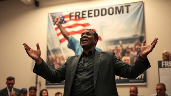 Speaker discusses human rights in Iran with Freedom poster.