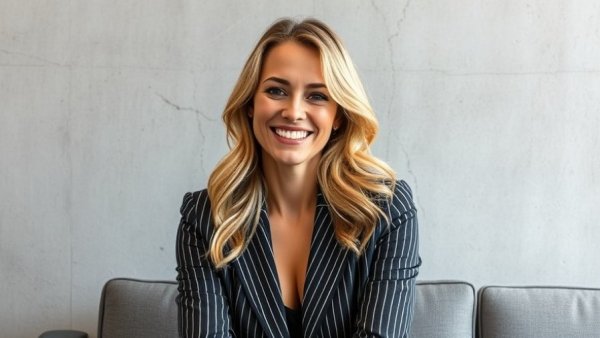 Stylish woman smiling in pinstripe blazer, modern setting.