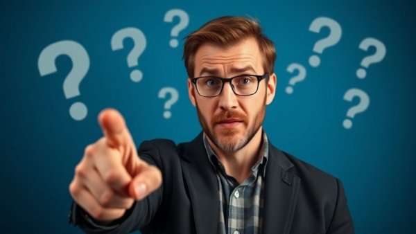 Concerned man pointing at earnings decision, blue background, financial theme.