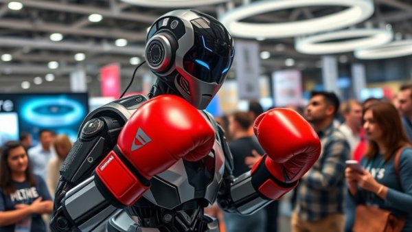 AI robot with boxing gloves engaging crowd at tech event.