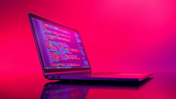 Vibrant coding laptop with abstract digital code overlay.