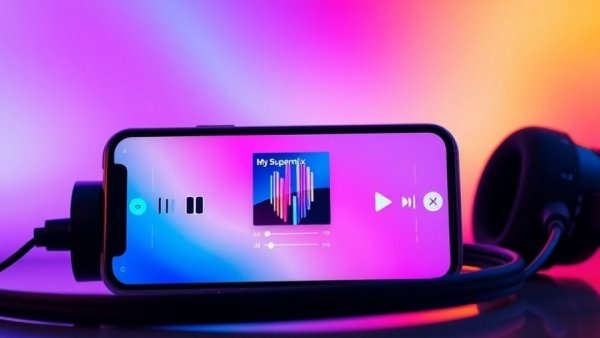 Vibrant composition of music app on smartphone with headphones and colorful background illustrating YouTube Music features.