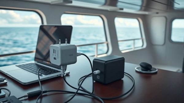 Universal travel adapter efficiently charging devices on a boat.