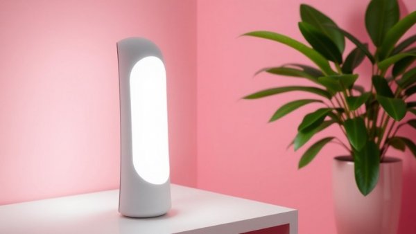 Aldi wellness lamp illuminating a pink room with green plant.