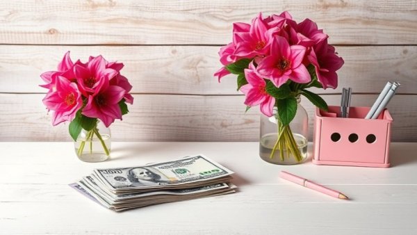 Rustic setup with cash and pink flowers for long term savings challenges.