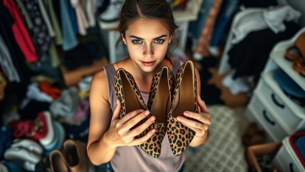 Young woman organizing shoes in cluttered bedroom, decluttering tips.