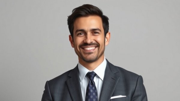Confident individual in a suit, soft lighting, gray background.