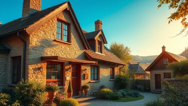 Charming rustic stone cottage for sale in a lush garden under a blue sky.